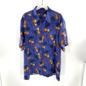M.E. Sport Silk‎ Shirt XL Blue Brown Woody Car Palm Tree Hawaiian Vacation